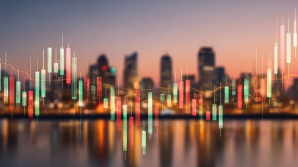 Financial markets analysis with candlestick chart over city skyline at sunset represents global