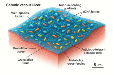 Microscopic view of a chronic venous ulcer showcasing a multi-species biofilm, extracellular DNA lattice, quorum-sensing gradients, and antibiotic-tolerant persister cells within granulation tissue.