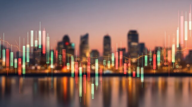 Financial markets analysis with candlestick chart over city skyline at sunset represents global - Powered by Adobe