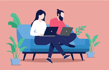 Couple working on computers in sofa - Two people, man and woman sitting in couch with laptops. Flat design vector illustration