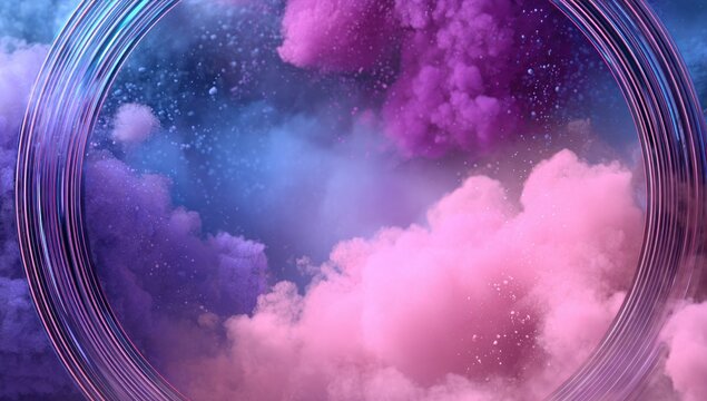 Vibrant, abstract composition featuring a circular frame against colorful, fluffy cloud-like formations