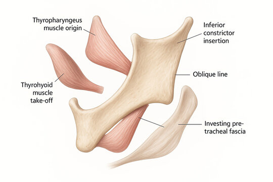 Anatomical illustration of the muscles and fascia of the larynx, including the thyropharyngeus muscle origin, thyrohyoid muscle take-off, inferior constrictor insertion, oblique line, and investing pr