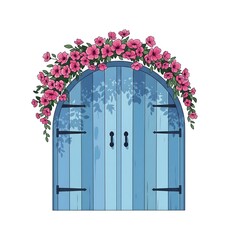 Blue arched door decorated with pink flowers