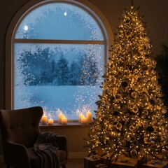 Glow-in-the-dark Christmas tree with lights and candles on frosty window background