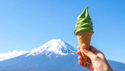 Matcha Ice Cream Cone with Mount Fuji in the Background on a Sunny Day