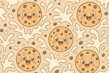 Cute cartoon chocolate chip cookies with happy faces and milk splashes seamless pattern background