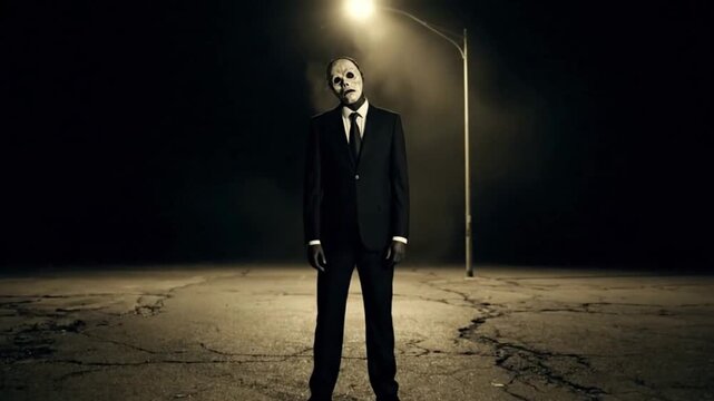 Night scene with a man in a suit and a pale mask standing by a lamp post on cracked asphalt, representing isolation, anonymity, and urban alienation