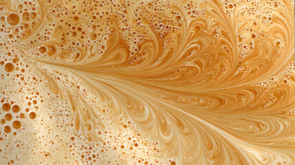 Swirling cream design on soup surface creates mesmerizing pattern with bubbles and rich brown tones. intricate texture adds touch of elegance and warmth