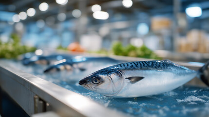 Frozen fish glide down a conveyor belt in a cold storage warehouse, symbolizing global seafood trade, industrial preservation technology, food safety standards, and the logistical systems that