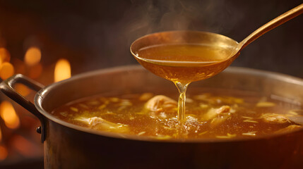 Ladle pours steaming chicken broth into pot, capturing warmth and comfort of homemade cooking. rich, golden liquid is filled with tender chicken pieces and vegetables