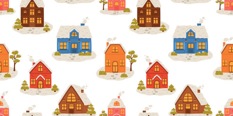 Obraz premium Seamless Christmas village pattern with snowy houses, cozy holiday winter background.