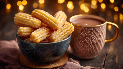 Golden churros dusted with sugar are served in rustic bowl alongside mug of rich hot chocolate, creating cozy and inviting atmosphere with warm bokeh lights in background