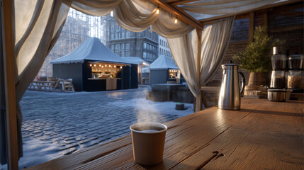 Urban winter activities unfold as a market stall, its wooden counter scarred, sells hot drinks under a snowy awning, its canvas frayed. A metal thermos, its surface dented, pours steaming liquid