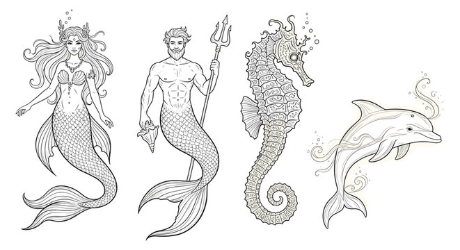 Enchanting Ocean Creatures: Mermaid, Merman, Seahorse, and Dolphin Illustration