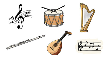 Musical instruments collage displaying drum, harp, flute, lute, and musical notes