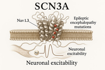 SCN3A gene and its role in epileptic encephalopathy, illustrating Nav1.3 channel function and neuronal excitability with sodium ion transport.