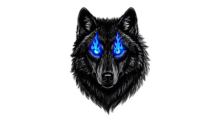 Intense black wolf with bright blue fiery eyes against white