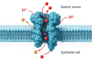 Illustration of the H+/K+-ATPase proton pump in an epithelial cell membrane, transporting hydrogen ions into the gastric lumen and potassium ions into the cell.