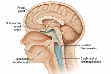 Sagittal view of the human brain with labeled structures including the pineal gland, subcommissural organ, Reissner fiber formation, ependymal secretory cells, and cerebrospinal fluid modification.