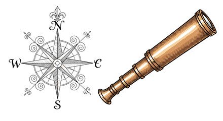 Antique Spyglass and Compass Rose Nautical Voyage Illustration on White