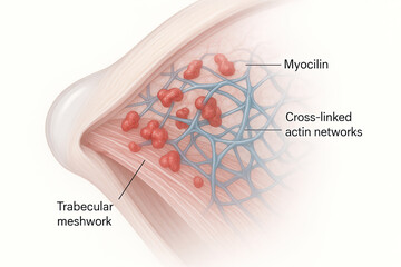 Obraz premium Microscopic illustration of a biological structure featuring myocilin, cross-linked actin networks, and trabecular meshwork, indicative of cellular or tissue components, potentially related to muscle 