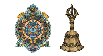 Elaborate Dharma Wheel and Bell Illustration, Vibrant Buddhist Imagery