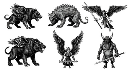 Mythical Creatures Collage: Fantastic Beasts and Winged Warriors in Black and White