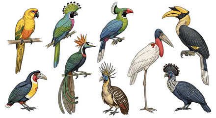 Collection of Tropical Bird Illustrations on White Background, Isolated and Detailed