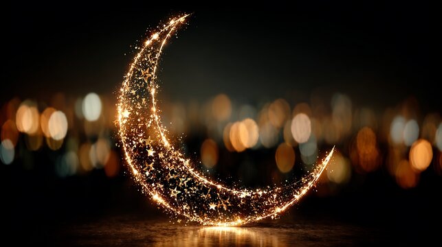 Golden crescent moon sparkling with stars against a blurred city backdrop enhancing islamic