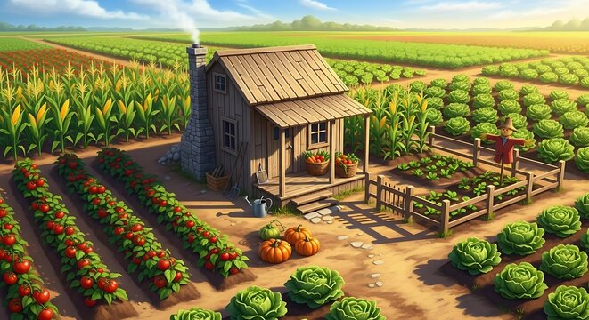 Picturesque Farmhouse Amidst Lush Fields and Abundant Harvest.