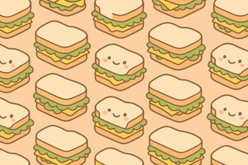 Cute kawaii sandwich pattern seamless repeating design with adorable food characters