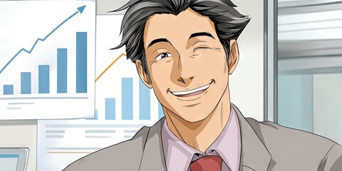 anime smiling business executive in corporate office cubicle with charts going up 