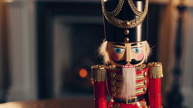 Low-angle video shot of a classic nutcracker soldier on a wooden table, with a cozy fireplace and elegant room setting in the background.
