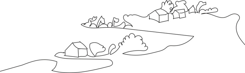 Minimalist outline drawing of a serene mountain landscape with a small village nestled below