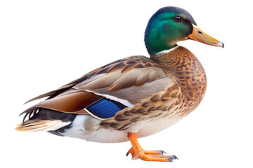 Male mallard duck standing isolated on transparent background with vibrant green head and brown chest