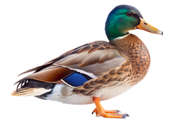 Male mallard duck standing isolated on transparent background with vibrant green head and brown chest