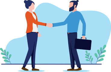 Handshake man and woman - Businessman and businesswoman shaking hands over business deal and agreement. Flat design vector illustration with white background