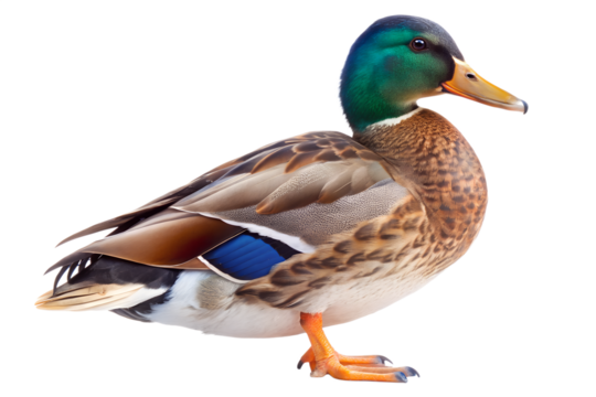 Male mallard duck standing isolated on transparent background with vibrant green head and brown chest