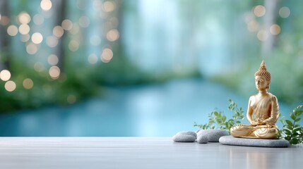 A serene golden Buddha statue surrounded by calming natural elements creates a peaceful and contemplative atmosphere, perfect for mindfulness and meditation settings.