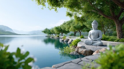 A serene Buddha statue sits peacefully by a tranquil lake, surrounded by lush greenery and majestic mountains, evoking a sense of calmness and spiritual reflection in nature's beauty.