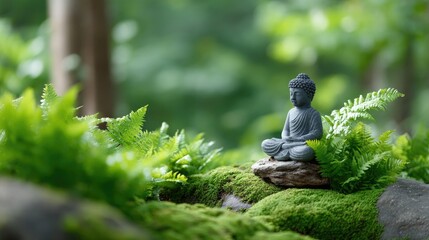Serene Buddha statue surrounded by lush green ferns and natural greenery, creating a tranquil atmosphere ideal for meditation and mindfulness.