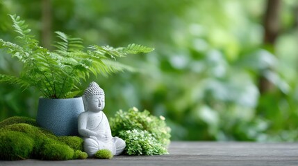 A serene Buddha figurine surrounded by lush greenery and small plants, creating a calming atmosphere of tranquility and peace in a natural setting, ideal for wellness and meditation themes.