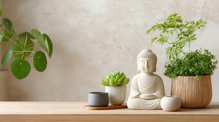A serene Buddha statue surrounded by lush greenery creates a tranquil and Zen-inspired atmosphere, perfect for meditation or enhancing mindfulness in your living space.