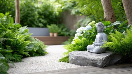 A serene garden featuring a peaceful Buddha statue surrounded by lush greenery, creating a tranquil atmosphere perfect for meditation and reflection on spirituality and inner peace.