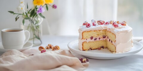 Wide banner cake scene with coffee, Raspberry layer cake on stand, Soft window curtains background, Minimal brunch styling, Copy space on left, Calm morning mood, Clean composition