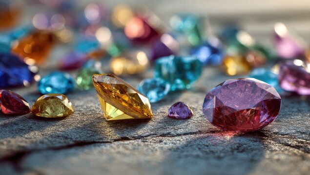 Colorful gemstones scattered on a stone surface, showcasing various cuts and hues