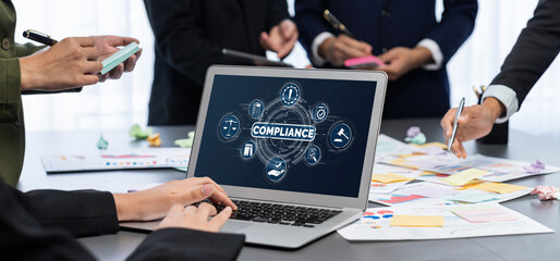 Analyst team use sticky note for creative and analytic brainstorm for business idea with BI data dashboard on laptop screen. Analysis financial data visualization tech for marketing strategy. Prodigy