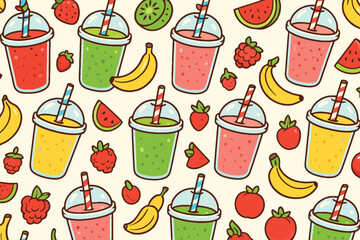 Vibrant hand drawn seamless pattern of colorful fruit smoothies and fresh ingredients
