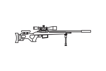 Detailed Black and White Line Drawing of Tactical Sniper Rifle with Scope and Bipod, Modern Firearm Illustration
