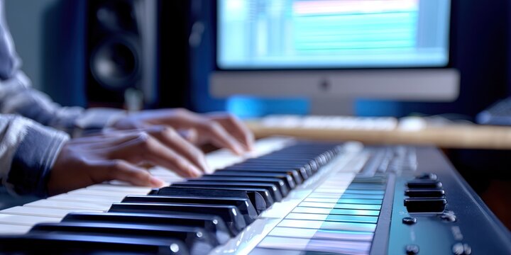 Modern musician playing classical music on synth keyboard attached to computer to act as a midi controller